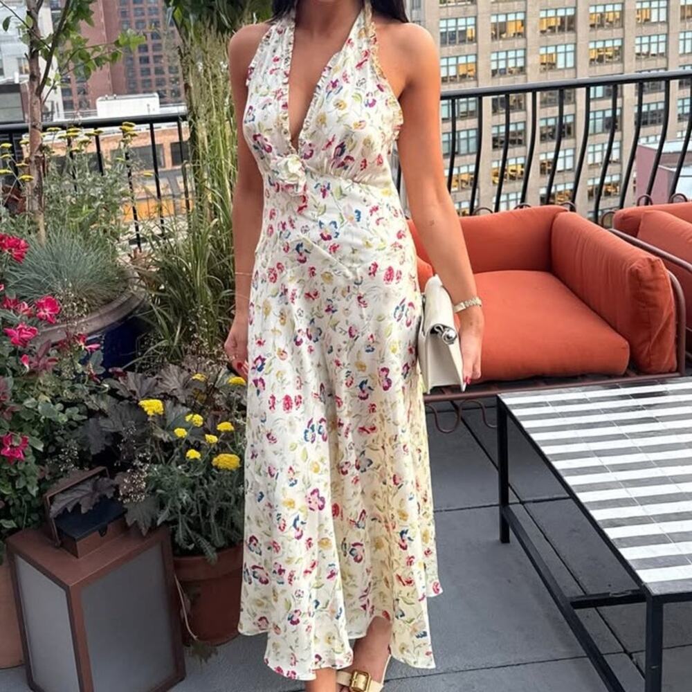 NWT Doen Mazarin Silk Rosette Ruffle Halter Maxi Dress Windswept Blooms Cream